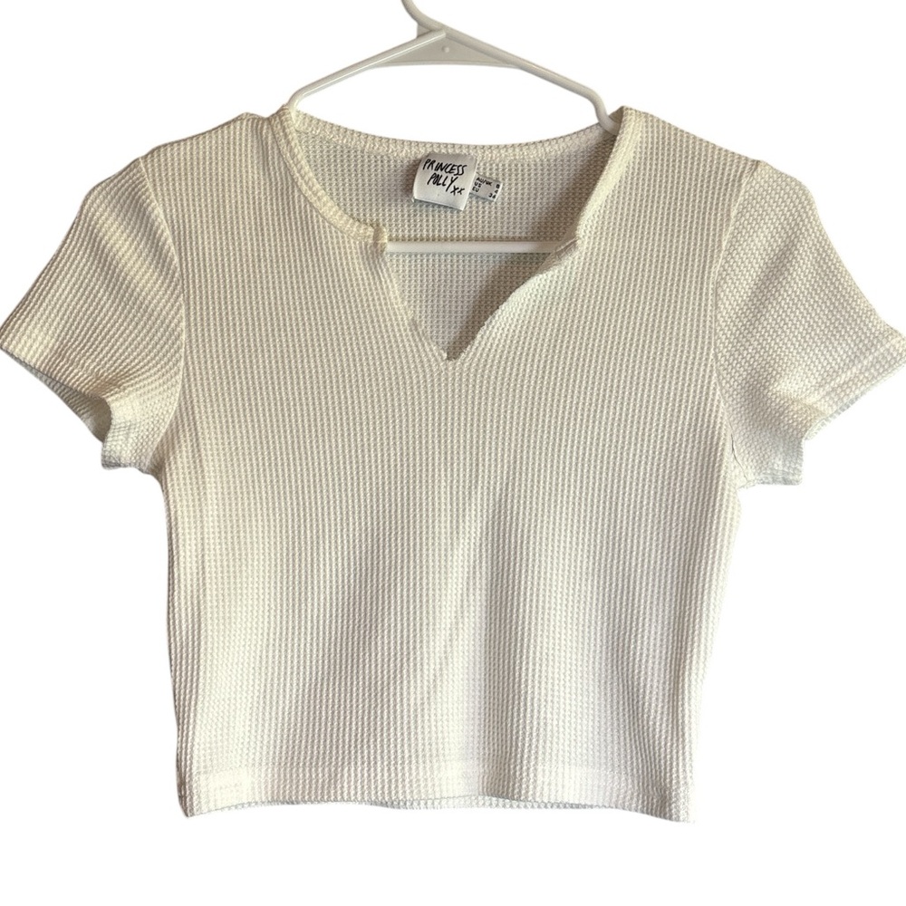 Princess Polly Waffle Knit Crop Top Cream White Short Sleeve Stretch Tee Size 4